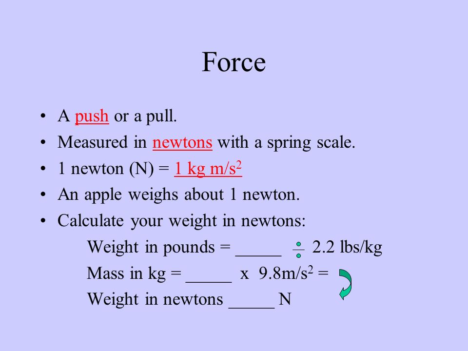 Physics Unit Four Forces that Affect Motion. Force A push or a pull.  Measured in newtons with a spring scale. 1 newton (N) = 1 kg m/s 2 An apple  weighs. - ppt download