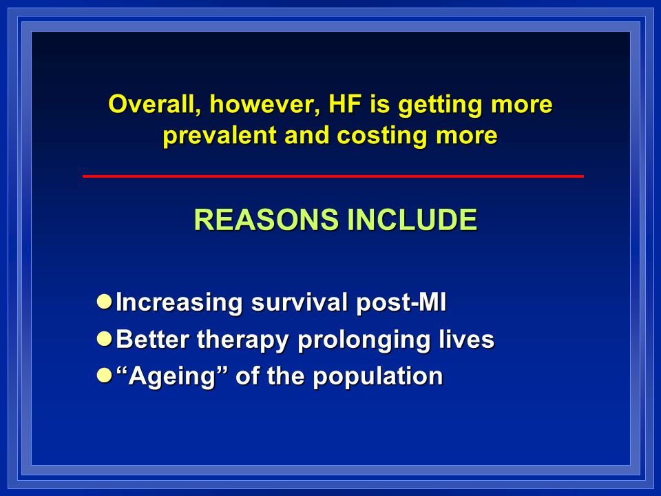 Overall, however, HF is getting more prevalent and costing more REASONS INCLUDE Increasing survival post-MI Increasing survival post-MI Better therapy prolonging lives Better therapy prolonging lives Ageing of the population Ageing of the population
