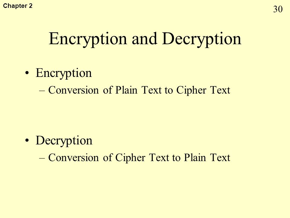30 Chapter 2 Encryption and Decryption Encryption –Conversion of Plain Text to Cipher Text Decryption –Conversion of Cipher Text to Plain Text