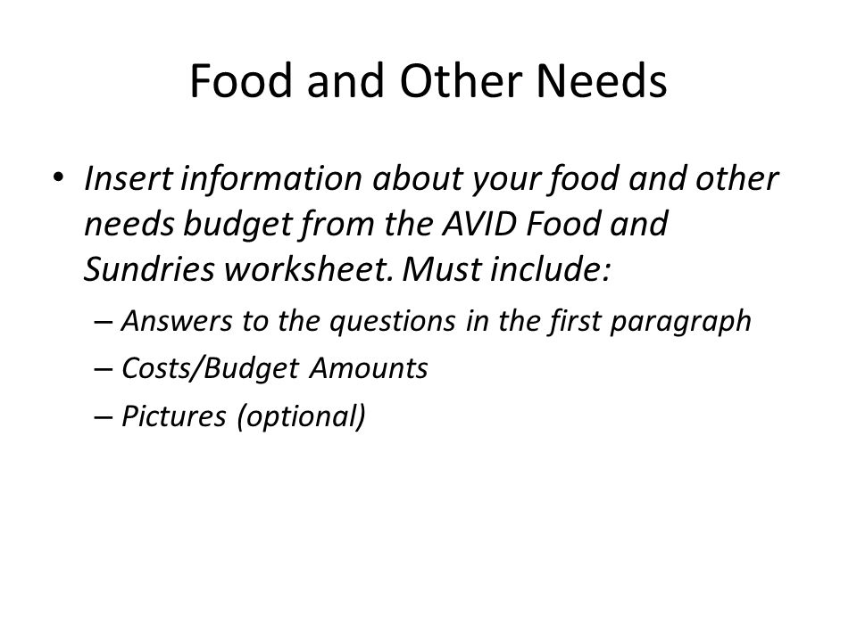 Food and Other Needs Insert information about your food and other needs budget from the AVID Food and Sundries worksheet.