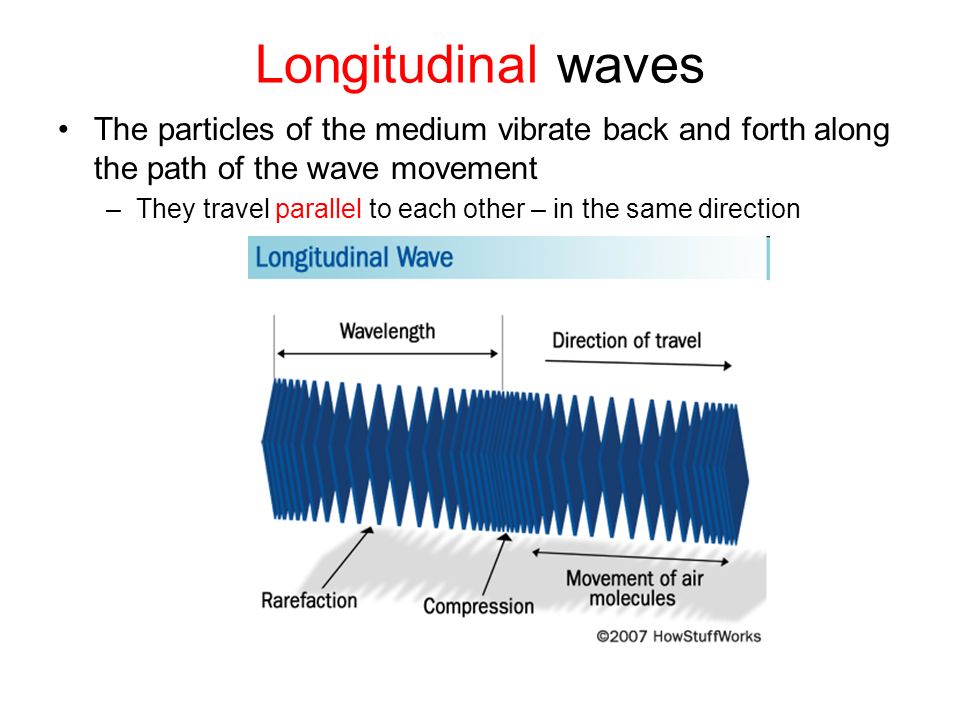 Longitudinal waves The particles of the medium vibrate back and forth along the path of the wave movement –They travel parallel to each other – in the same direction