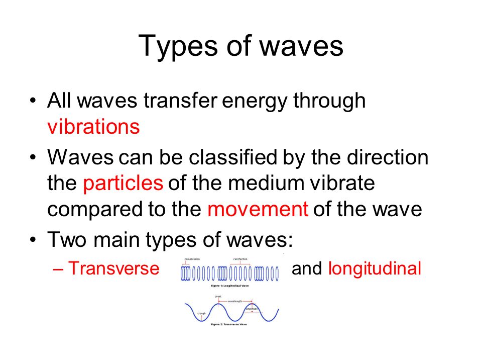 Types of waves All waves transfer energy through vibrations Waves can be classified by the direction the particles of the medium vibrate compared to the movement of the wave Two main types of waves: –Transverse and longitudinal