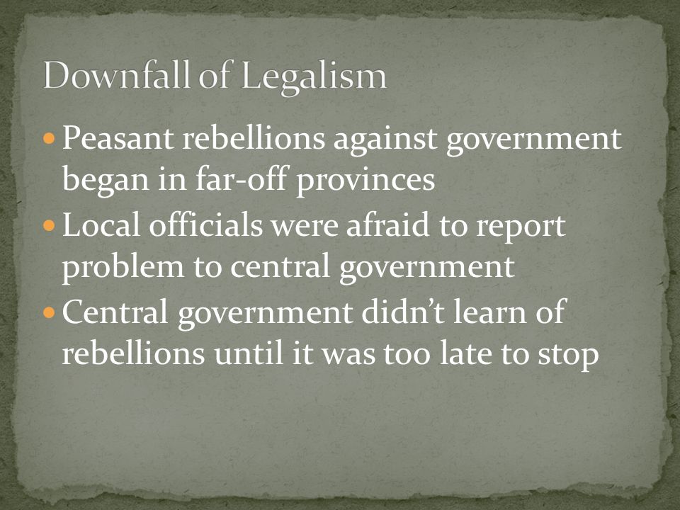 Peasant rebellions against government began in far-off provinces Local officials were afraid to report problem to central government Central government didn’t learn of rebellions until it was too late to stop