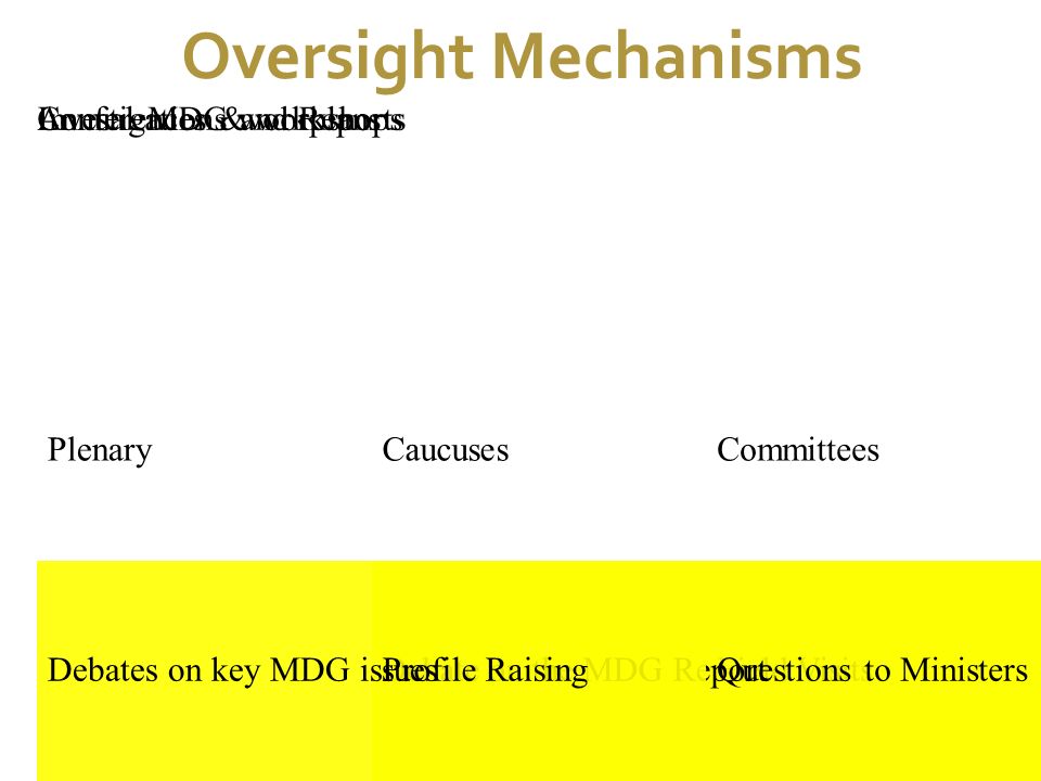 7/1/11 Oversight Mechanisms Committees Field Visits Investigations and Reports Plenary Questions to MinistersDebate on the MDG Report Caucuses Conferences & workshops Profile Raising Annual MDG workplans Debates on key MDG issues