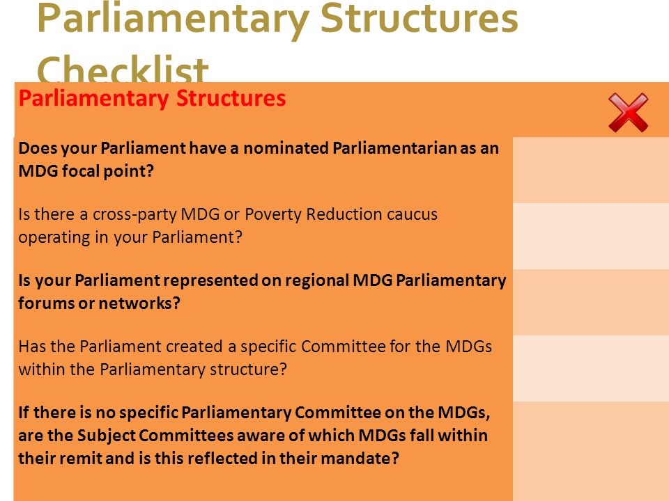 7/1/11 Parliamentary Structures Checklist Parliamentary Structures Does your Parliament have a nominated Parliamentarian as an MDG focal point.