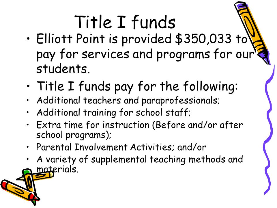 DRAFT Title I funds Elliott Point is provided $350,033 to pay for services and programs for our students.