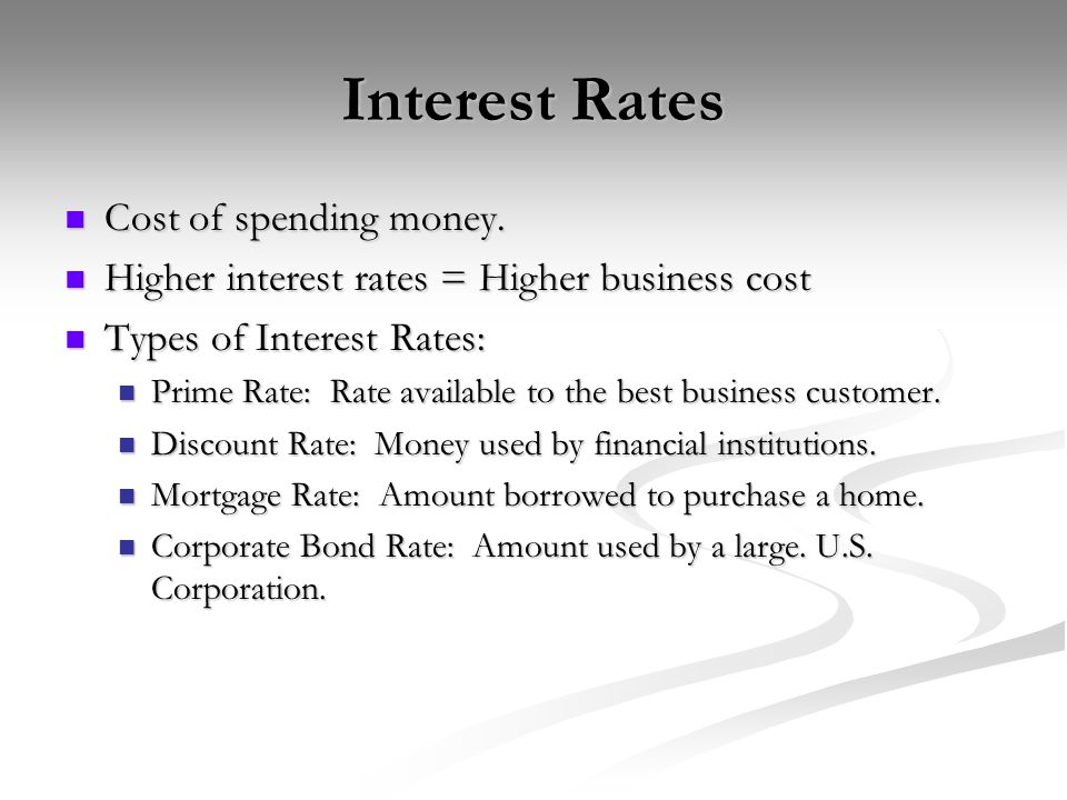 Interest Rates Cost of spending money. Cost of spending money.