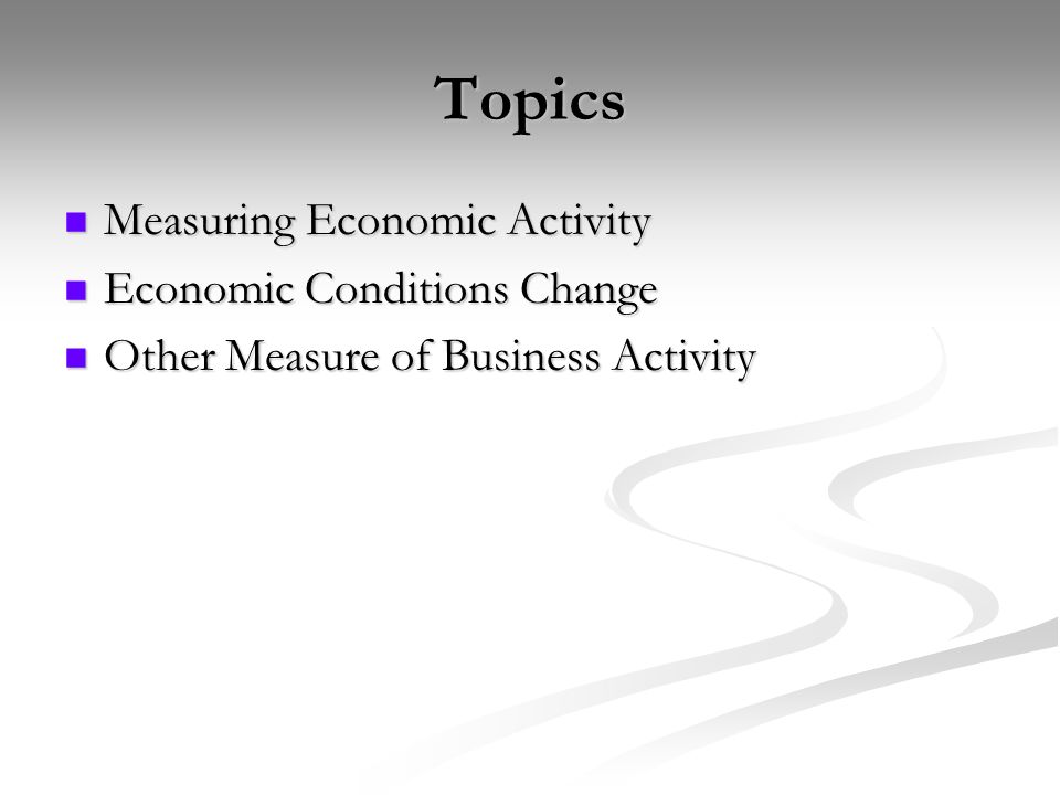 Topics Measuring Economic Activity Measuring Economic Activity Economic Conditions Change Economic Conditions Change Other Measure of Business Activity Other Measure of Business Activity