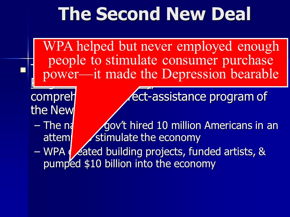 The Second New Deal The 1 st act of the 2 nd New Deal was Works Progress Admin (WPA), the most comprehensive, direct-assistance program of the New Deal The 1 st act of the 2 nd New Deal was Works Progress Admin (WPA), the most comprehensive, direct-assistance program of the New Deal –The national gov’t hired 10 million Americans in an attempt to stimulate the economy –WPA created building projects, funded artists, & pumped $10 billion into the economy WPA helped but never employed enough people to stimulate consumer purchase power—it made the Depression bearable