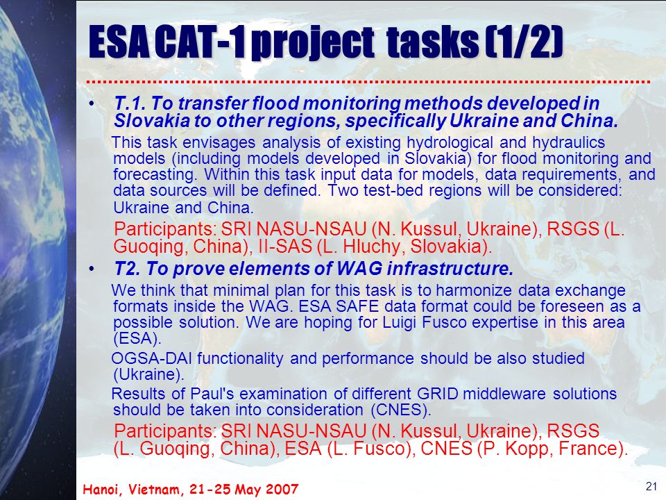 Hanoi, Vietnam, May ESA CAT-1 project tasks (1/2) T.1.