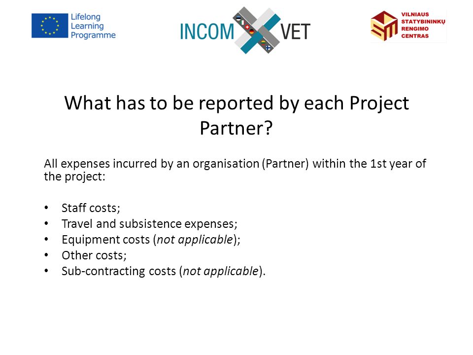 What has to be reported by each Project Partner.