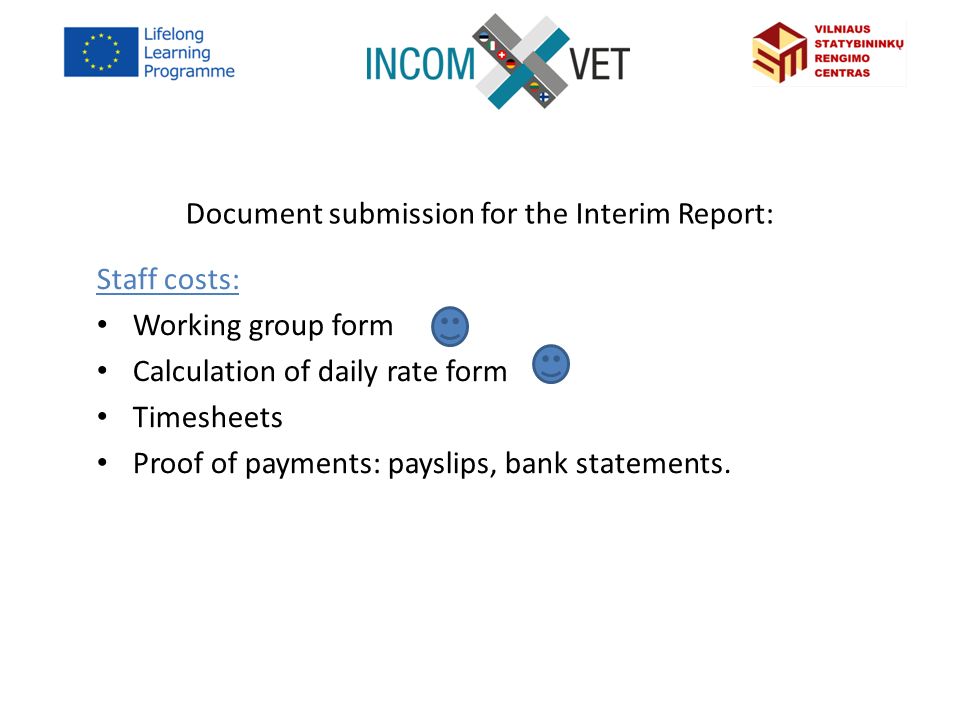 Document submission for the Interim Report: Staff costs: Working group form Calculation of daily rate form Timesheets Proof of payments: payslips, bank statements.
