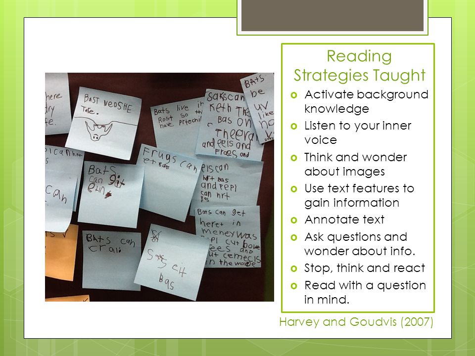 Reading Strategies Taught  Activate background knowledge  Listen to your inner voice  Think and wonder about images  Use text features to gain information  Annotate text  Ask questions and wonder about info.