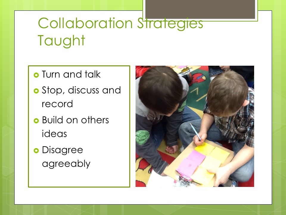 Collaboration Strategies Taught  Turn and talk  Stop, discuss and record  Build on others ideas  Disagree agreeably
