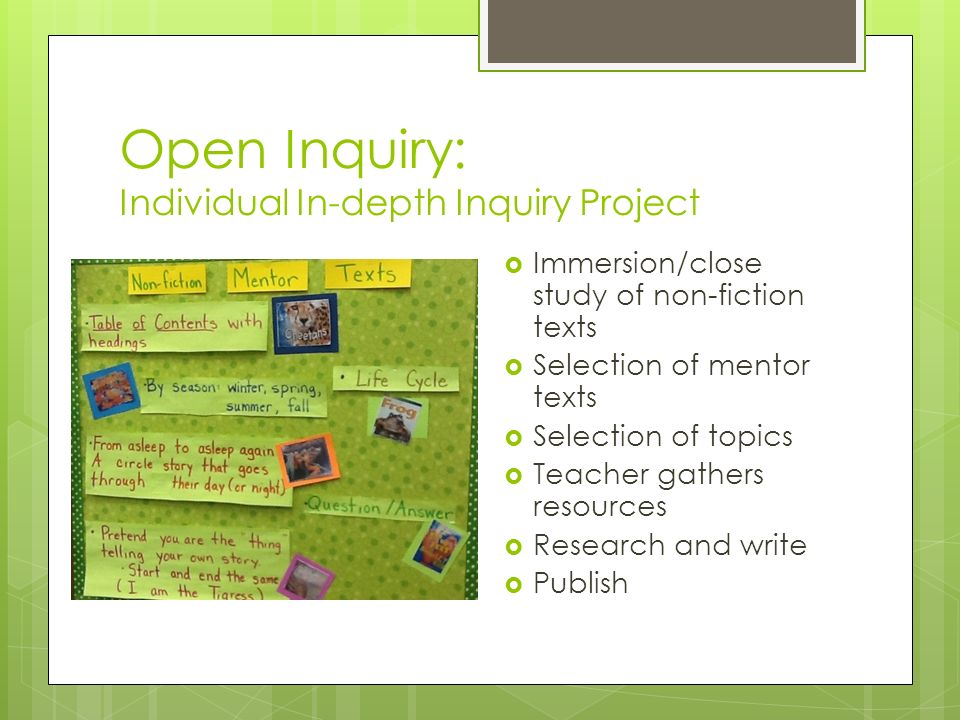 Open Inquiry: Individual In-depth Inquiry Project  Immersion/close study of non-fiction texts  Selection of mentor texts  Selection of topics  Teacher gathers resources  Research and write  Publish