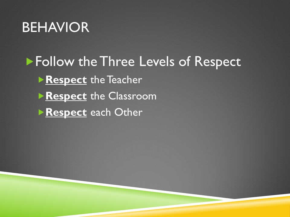 BEHAVIOR  Follow the Three Levels of Respect  Respect the Teacher  Respect the Classroom  Respect each Other