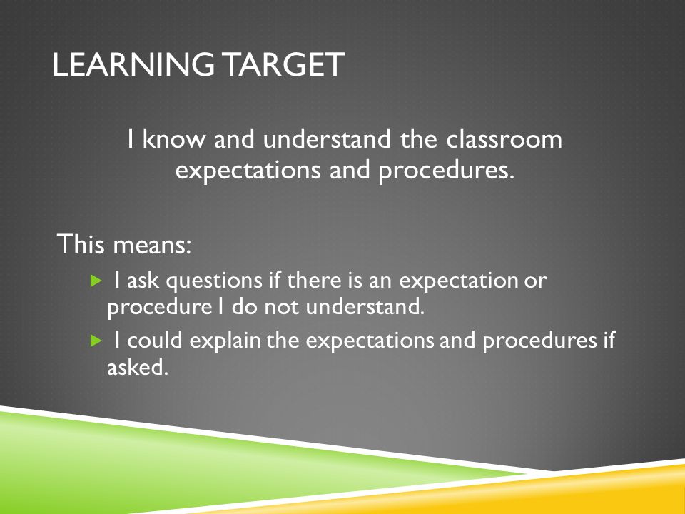 LEARNING TARGET I know and understand the classroom expectations and procedures.