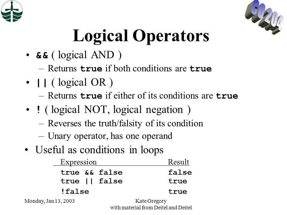 Monday, Jan 13, 2003Kate Gregory with material from Deitel and Deitel Logical Operators && ( logical AND ) –Returns true if both conditions are true || ( logical OR ) –Returns true if either of its conditions are true .