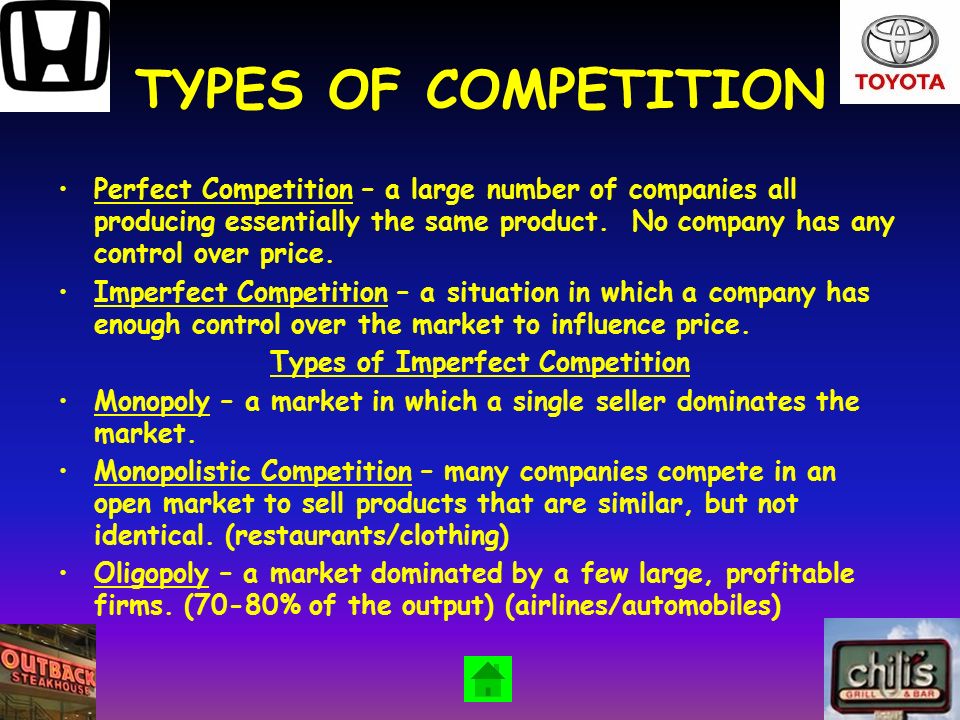 TYPES OF COMPETITION Perfect Competition – a large number of companies all producing essentially the same product.