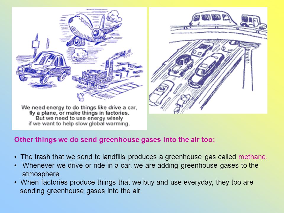 Other things we do send greenhouse gases into the air too; The trash that we send to landfills produces a greenhouse gas called methane.