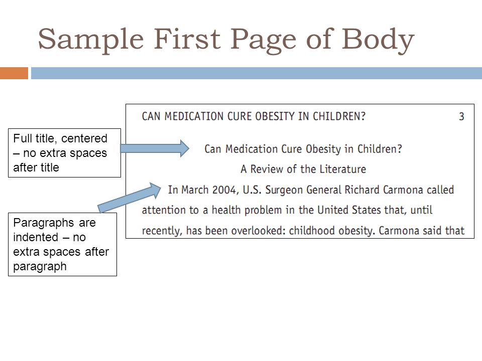 Sample First Page of Body Full title, centered – no extra spaces after title Paragraphs are indented – no extra spaces after paragraph