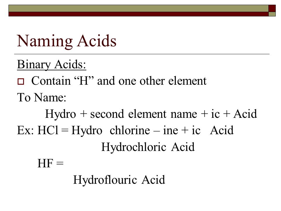 Naming Acids Binary Acids:  Contain H and one other element To Name: Hydro + second element name + ic + Acid Ex: HCl = Hydro chlorine – ine + ic Acid Hydrochloric Acid HF = Hydroflouric Acid