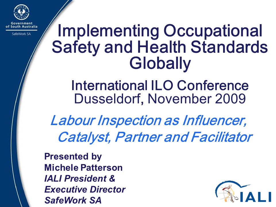 1 Implementing Occupational Safety and Health Standards Globally International ILO Conference Dusseldorf, November 2009 Labour Inspection as Influencer, Catalyst, Partner and Facilitator Presented by Michele Patterson IALI President & Executive Director SafeWork SA