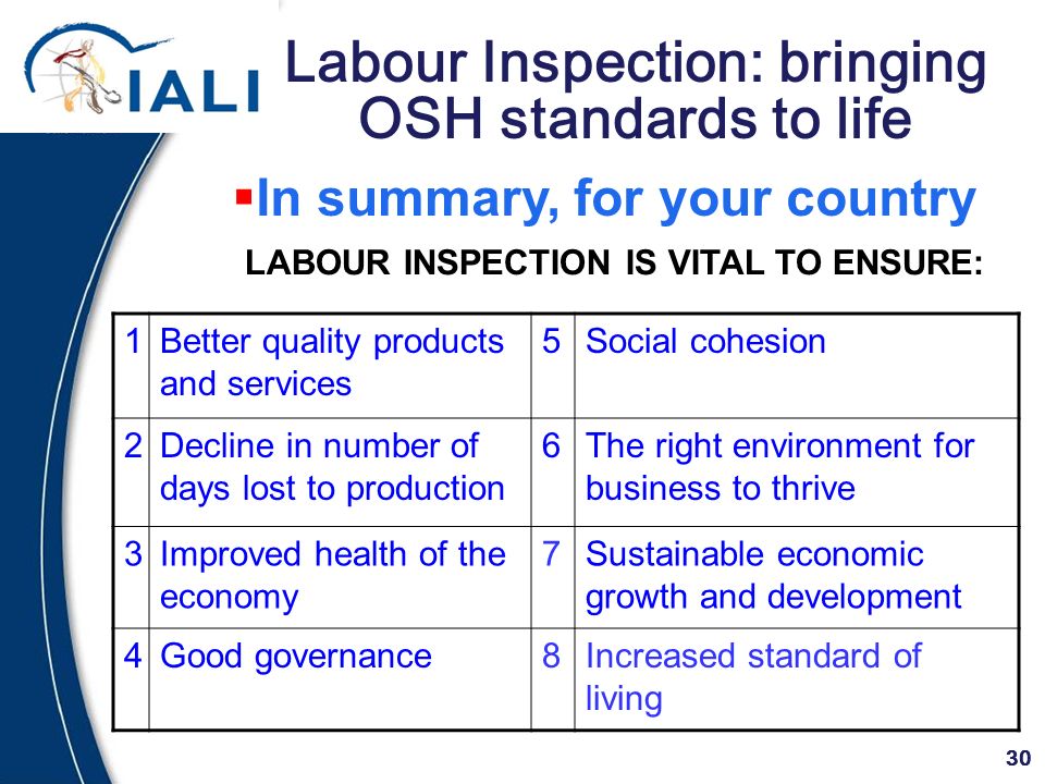 30 Labour Inspection: bringing OSH standards to life LABOUR INSPECTION IS VITAL TO ENSURE:  In summary, for your country 1Better quality products and services 5Social cohesion 2Decline in number of days lost to production 6The right environment for business to thrive 3Improved health of the economy 7Sustainable economic growth and development 4Good governance8Increased standard of living
