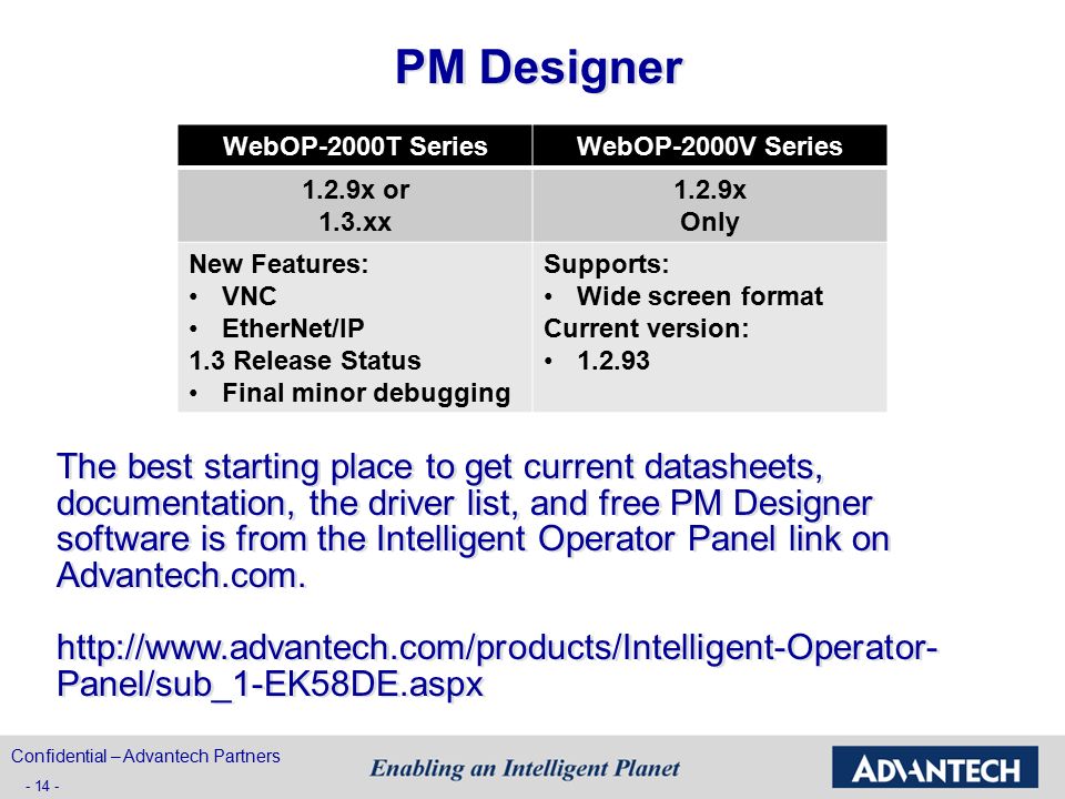 PM Designer Confidential – Advantech Partners WebOP-2000T SeriesWebOP-2000V Series 1.2.9x or 1.3.xx 1.2.9x Only New Features: VNC EtherNet/IP 1.3 Release Status Final minor debugging Supports: Wide screen format Current version: The best starting place to get current datasheets, documentation, the driver list, and free PM Designer software is from the Intelligent Operator Panel link on Advantech.com.