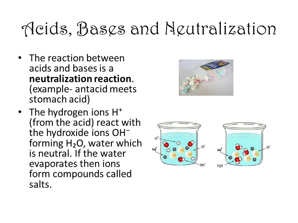 Acids, Bases and Neutralization The reaction between acids and bases is a neutralization reaction.