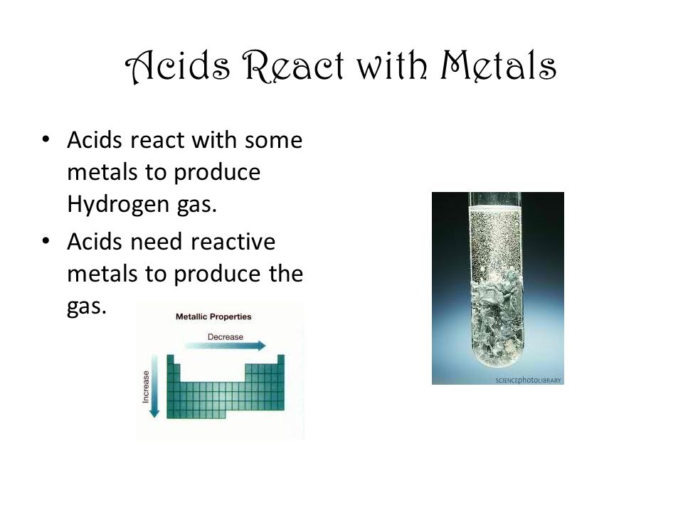 Acids React with Metals Acids react with some metals to produce Hydrogen gas.