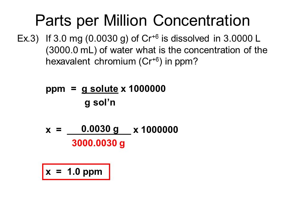 Parts per Concentration. Parts per Million (ppm) the ratio of the number of grams of for every one million grams of solution. parts. - ppt download