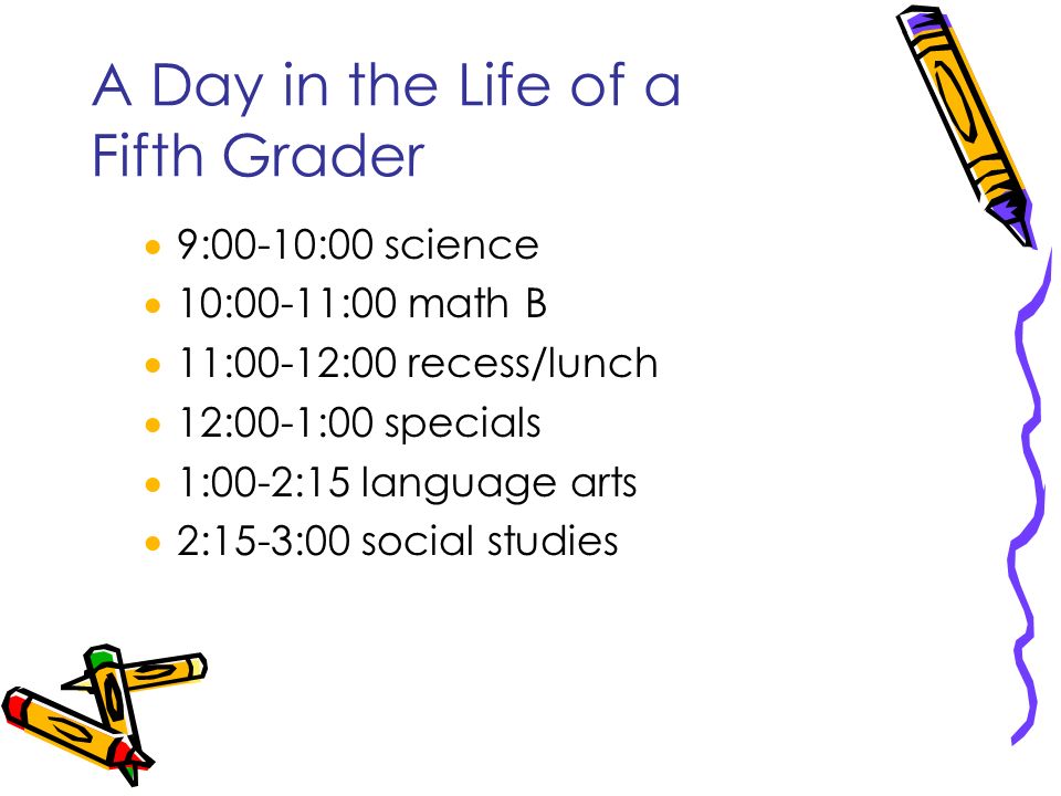 A Day in the Life of a Fifth Grader  9:00-10:00 science  10:00-11:00 math B  11:00-12:00 recess/lunch  12:00-1:00 specials  1:00-2:15 language arts  2:15-3:00 social studies