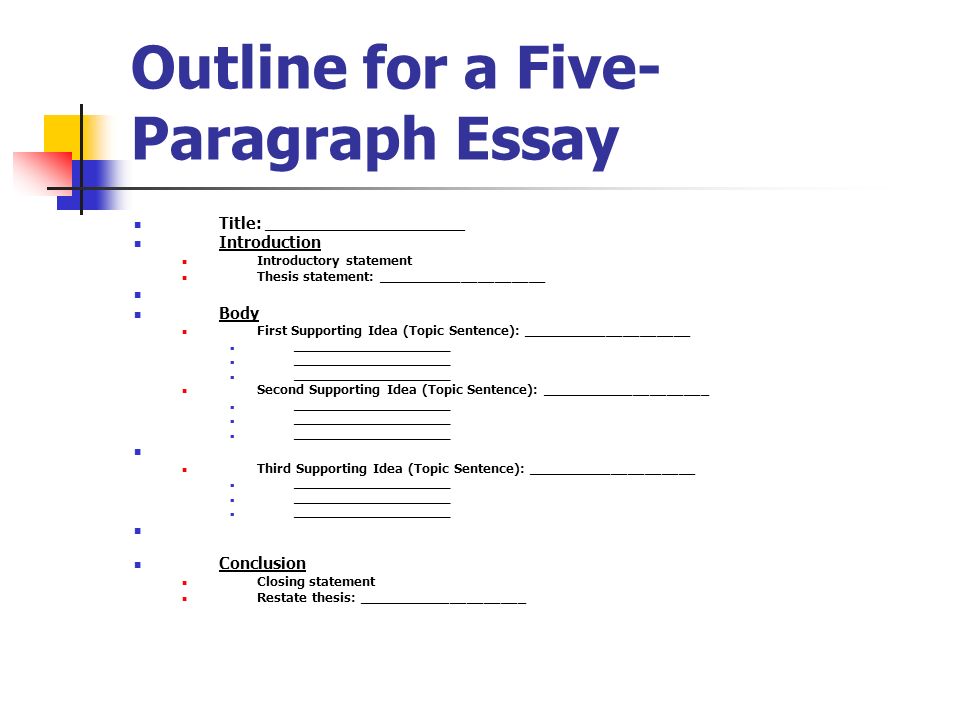 Outline for a Five- Paragraph Essay Title: ____________________ Introduction Introductory statement Thesis statement: ____________________ Body First Supporting Idea (Topic Sentence): ____________________ ____________________ Second Supporting Idea (Topic Sentence): ____________________ ____________________ Third Supporting Idea (Topic Sentence): ____________________ ____________________ Conclusion Closing statement Restate thesis: ____________________