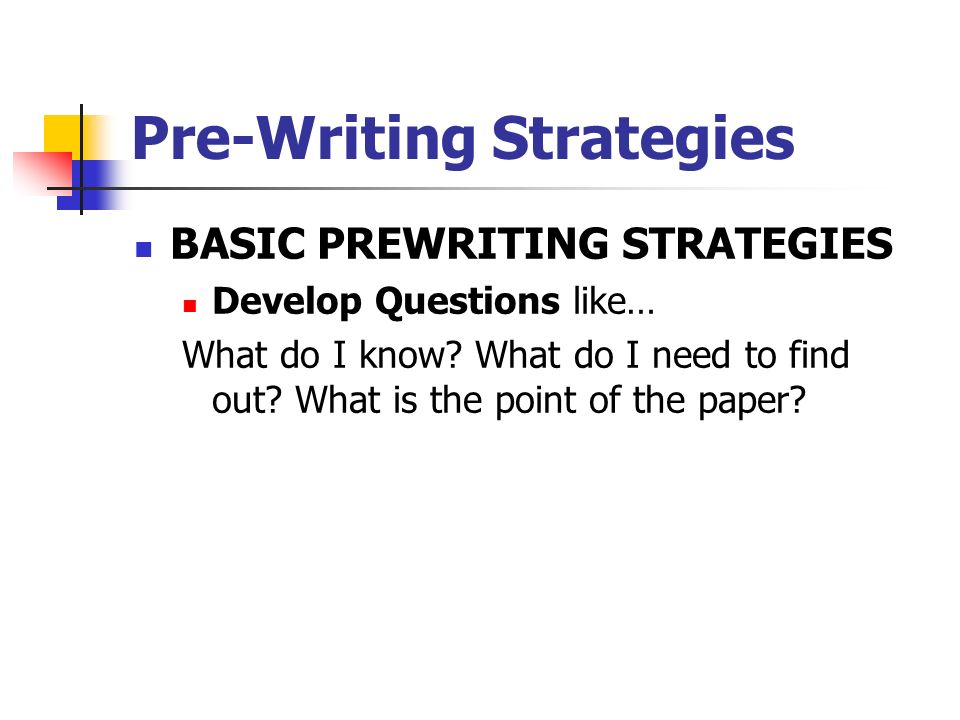 Pre-Writing Strategies BASIC PREWRITING STRATEGIES Develop Questions like… What do I know.