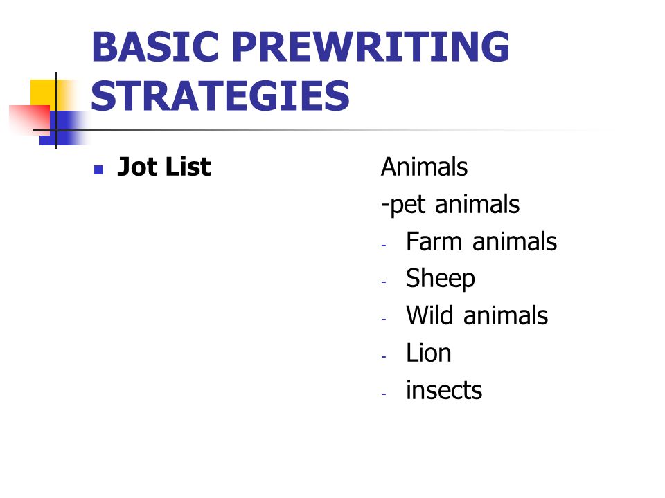 BASIC PREWRITING STRATEGIES Jot ListAnimals -pet animals - Farm animals - Sheep - Wild animals - Lion - insects