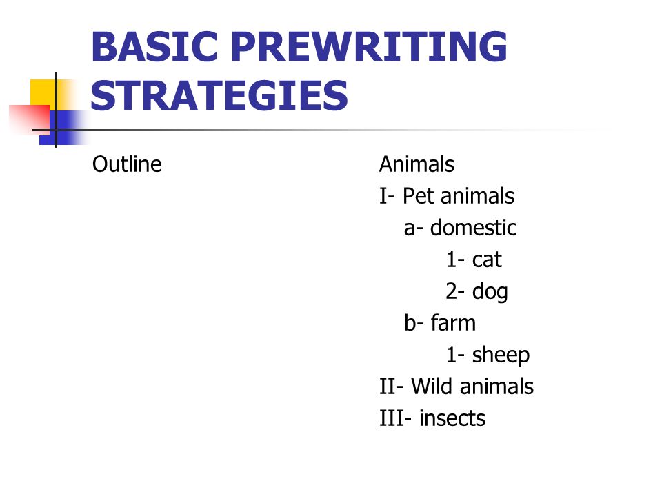 BASIC PREWRITING STRATEGIES OutlineAnimals I- Pet animals a- domestic 1- cat 2- dog b- farm 1- sheep II- Wild animals III- insects