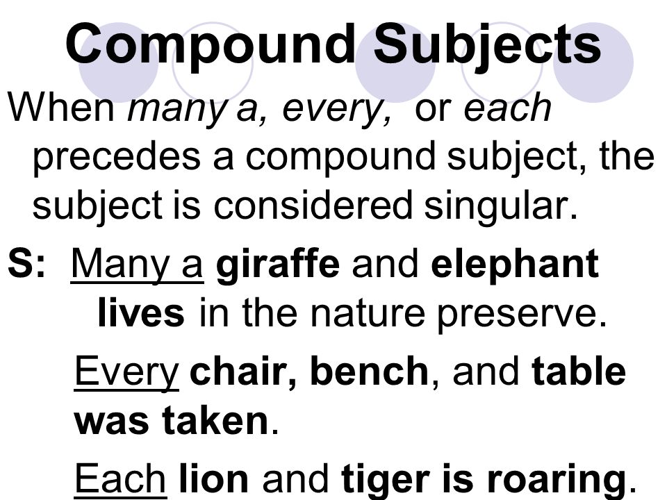 Compound Subjects When many a, every, or each precedes a compound subject, the subject is considered singular.