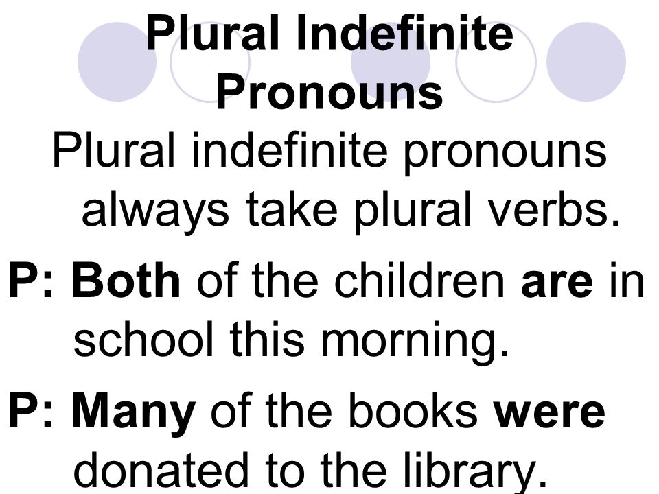 Plural Indefinite Pronouns Plural indefinite pronouns always take plural verbs.