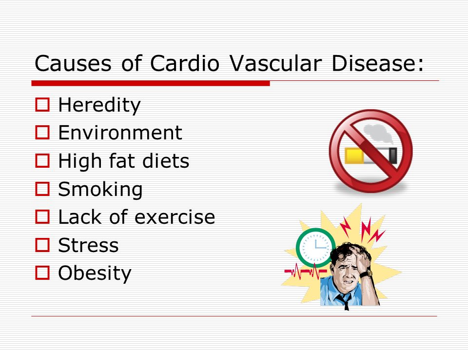 Causes of Cardio Vascular Disease:  Heredity  Environment  High fat diets  Smoking  Lack of exercise  Stress  Obesity