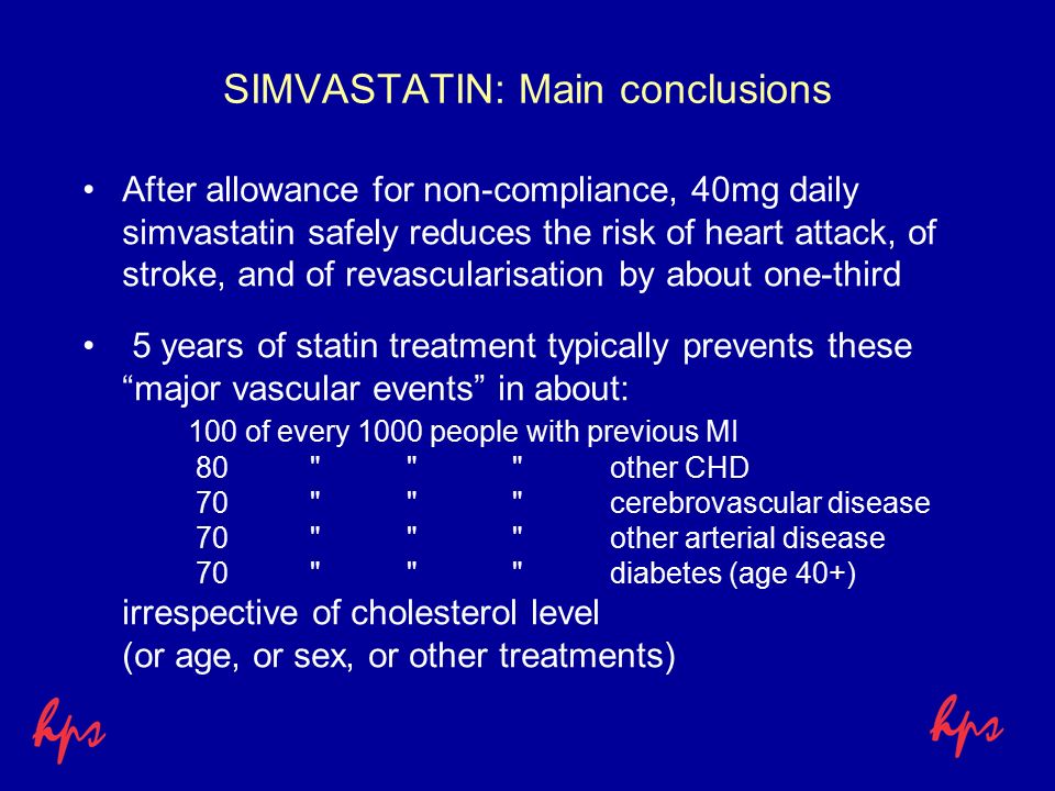 SIMVASTATIN: Main conclusions After allowance for non-compliance, 40mg daily simvastatin safely reduces the risk of heart attack, of stroke, and of revascularisation by about one-third 5 years of statin treatment typically prevents these major vascular events in about: 100 of every 1000 people with previous MI 80 other CHD 70 cerebrovascular disease 70 other arterial disease 70 diabetes (age 40+) irrespective of cholesterol level (or age, or sex, or other treatments)