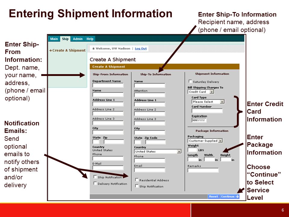 6 Entering Shipment Information Enter Credit Card Information Enter Package Information Enter Ship- From Information: Dept.