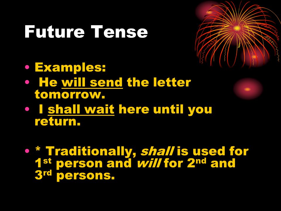 Future Tense Examples: He will send the letter tomorrow.