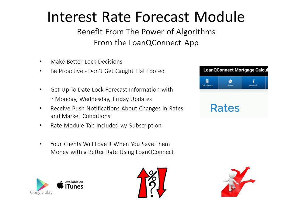 Interest Rate Forecast Module Benefit From The Power of Algorithms From the LoanQConnect App Make Better Lock Decisions Be Proactive - Don’t Get Caught Flat Footed Get Up To Date Lock Forecast Information with ~ Monday, Wednesday, Friday Updates Receive Push Notifications About Changes In Rates and Market Conditions Rate Module Tab Included w/ Subscription Your Clients Will Love It When You Save Them Money with a Better Rate Using LoanQConnect