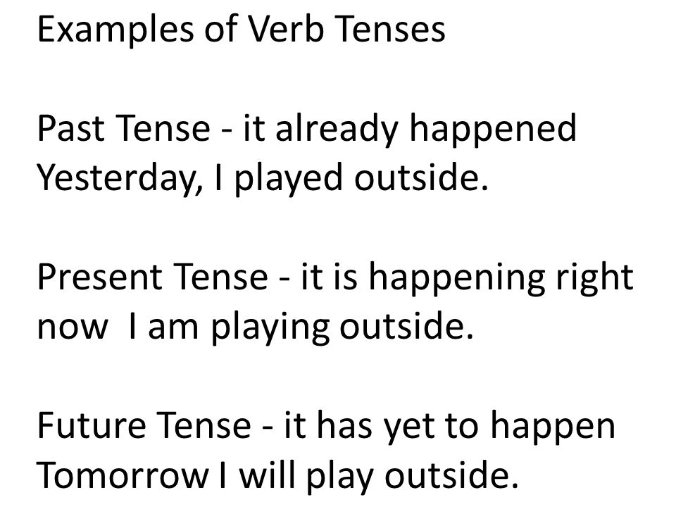 Examples of Verb Tenses Past Tense - it already happened Yesterday, I played outside.