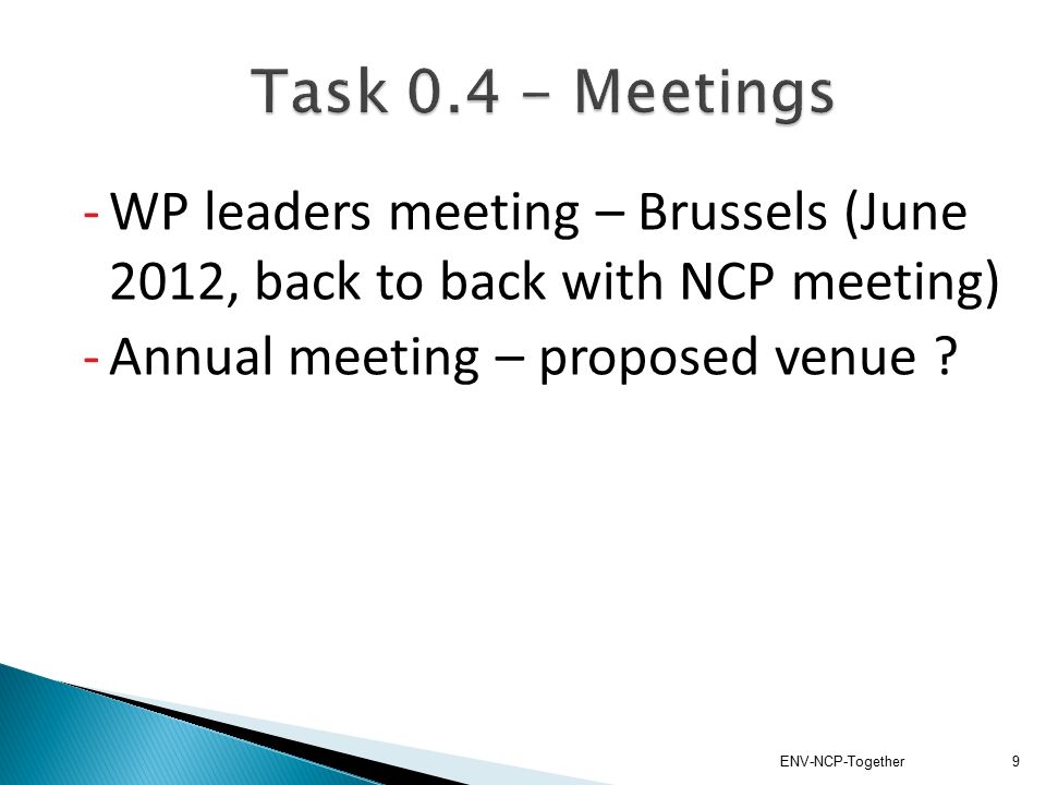 -WP leaders meeting – Brussels (June 2012, back to back with NCP meeting) -Annual meeting – proposed venue .