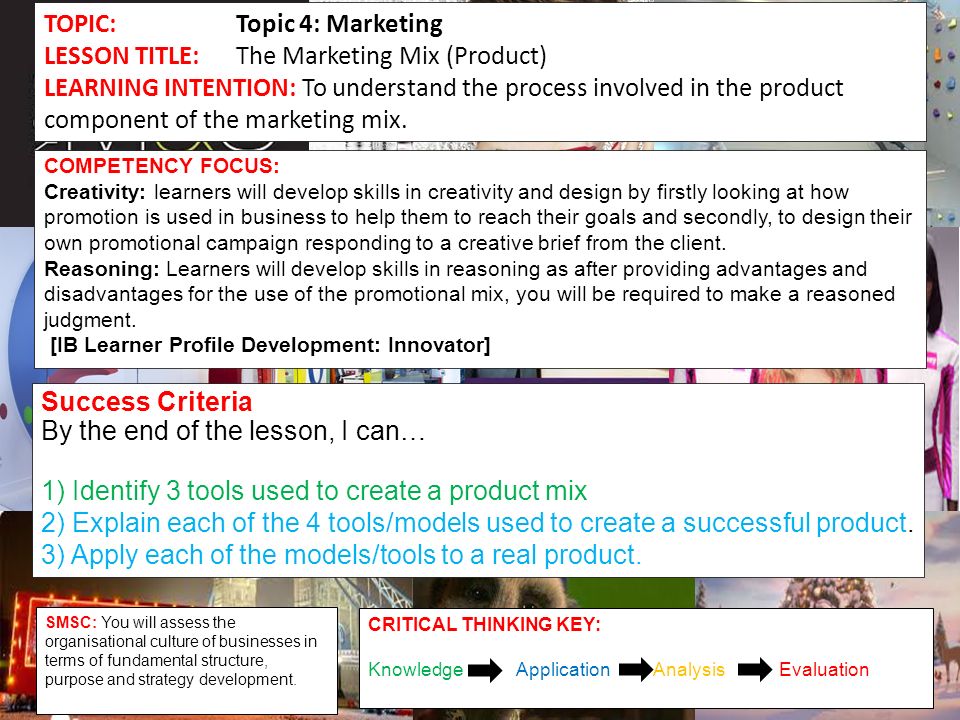 TOPIC:Topic 4: Marketing LESSON TITLE:The Marketing Mix (Product) LEARNING INTENTION: To understand the process involved in the product component of the marketing mix.