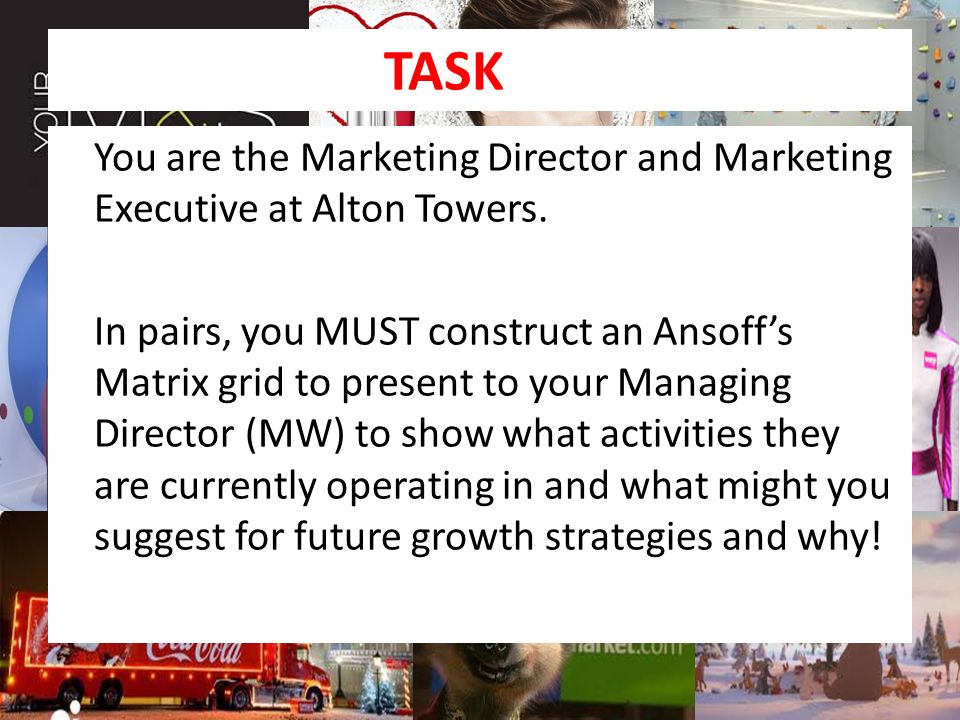 TASK You are the Marketing Director and Marketing Executive at Alton Towers.