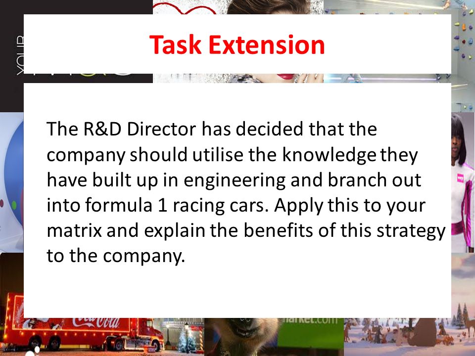 Task Extension The R&D Director has decided that the company should utilise the knowledge they have built up in engineering and branch out into formula 1 racing cars.