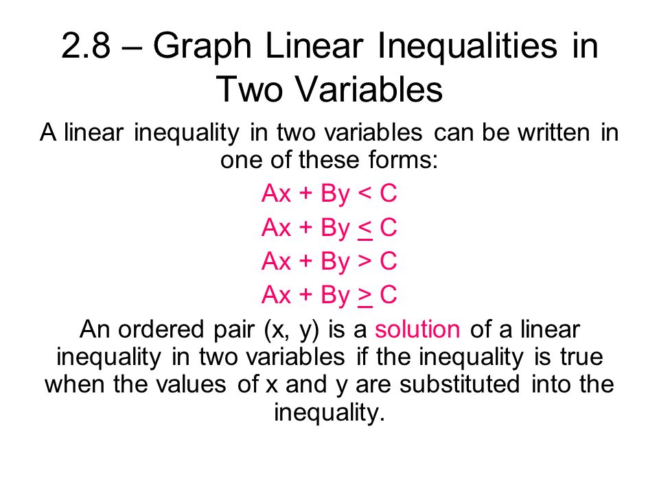 2.8 – Graph Linear Inequalities in Two Variables A linear inequality in two variables can be written in one of these forms: Ax + By < C Ax + By > C An ordered pair (x, y) is a solution of a linear inequality in two variables if the inequality is true when the values of x and y are substituted into the inequality.